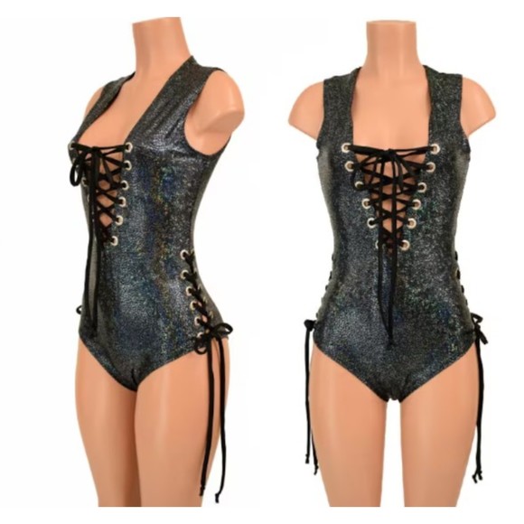 Coquetry Clothing Tops - Coquetry Clothing Plunging V Bodysuit Women's Lace Up Shattered Glass Large NEW